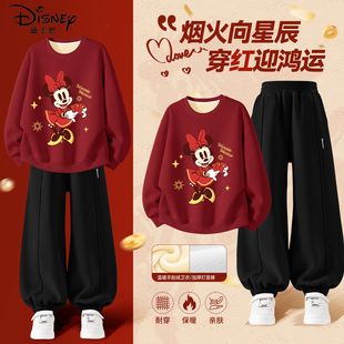 迪士尼女童加绒套装大童女装红色漂亮2025新款保暖儿童冬装小女孩