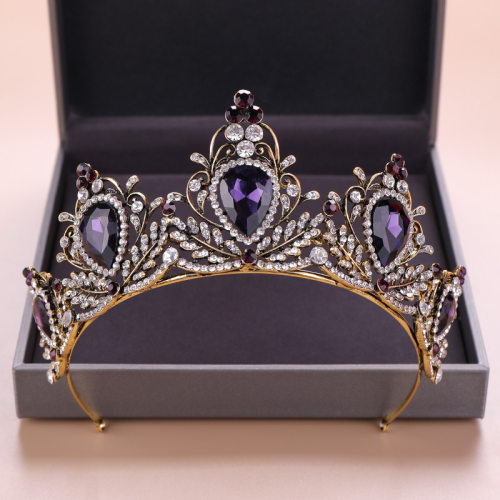 直销Baroque Vintage Gold Purple Crystal Heart Bridal Tiaras