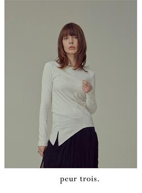 peur 打底t恤拼接不规则设计感长袖开叉修身简约纯色上衣
