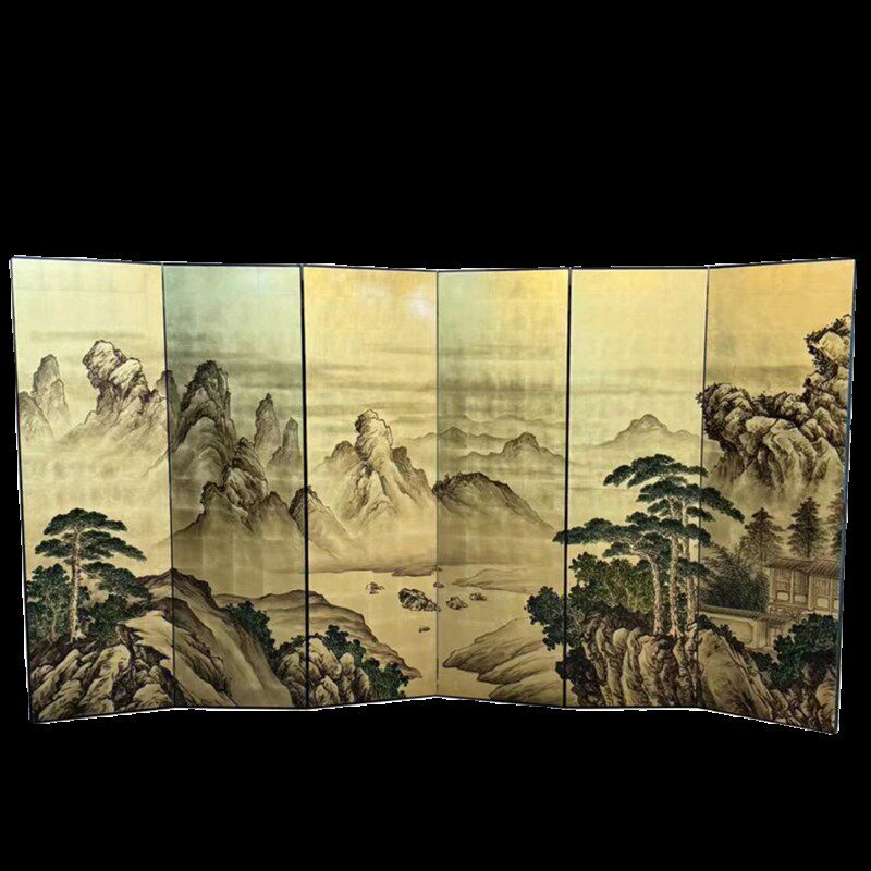 纯手绘金箔山水图定制漆画屏风可够动客厅背景室隔断屏风无须安装
