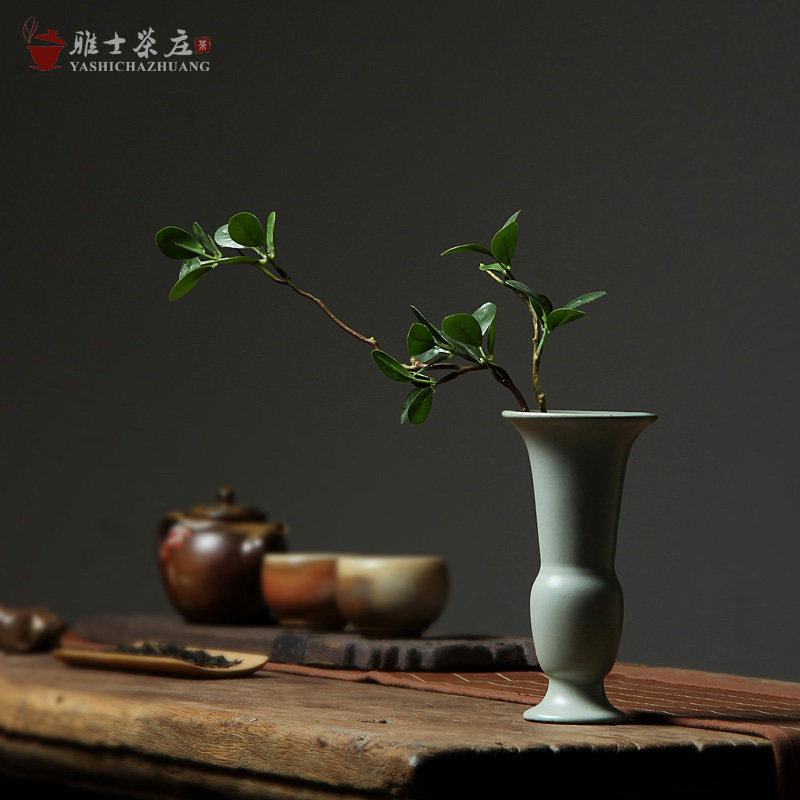 陶瓷花插花器 粗陶汝窑禅意花瓶日式茶道摆件 水培干花插陶艺花器