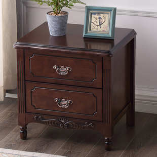 美式实木床头柜复古免安装家用民宿欧式胡桃色床边小型收纳储物柜