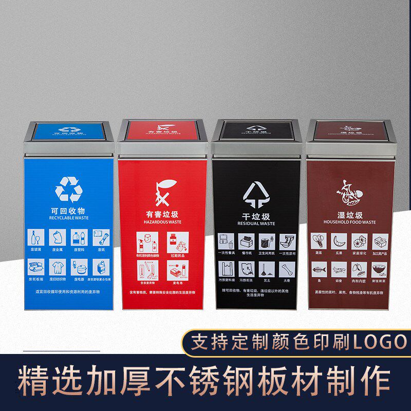 不锈钢分类垃圾桶方形按压式摇盖大号商用公共场合景区物业果皮箱