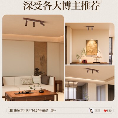 胡桃木纹明装射灯背景墙中古风卧室衣帽间走廊过道灯无主灯轨道灯