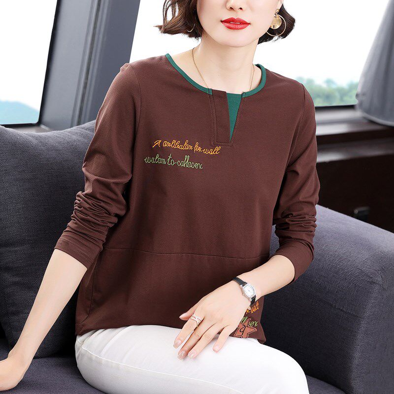 2024春秋装新款妈妈纯棉长袖t恤女中老年宽松大码上衣洋气打底衫