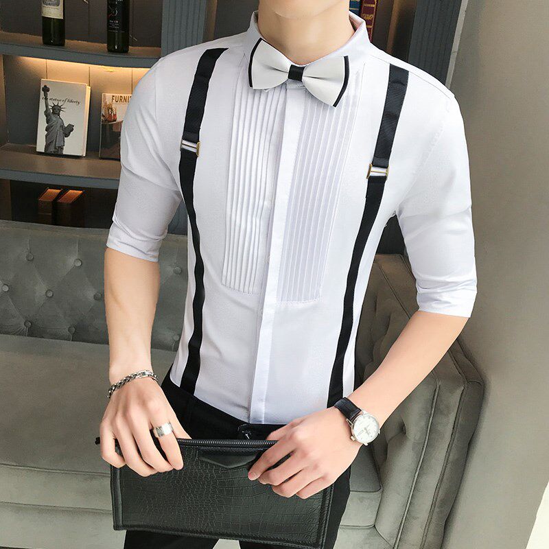 衬衫男七分袖夏季短袖酒吧服务员免烫衬衣男中袖时尚KTV工作服装