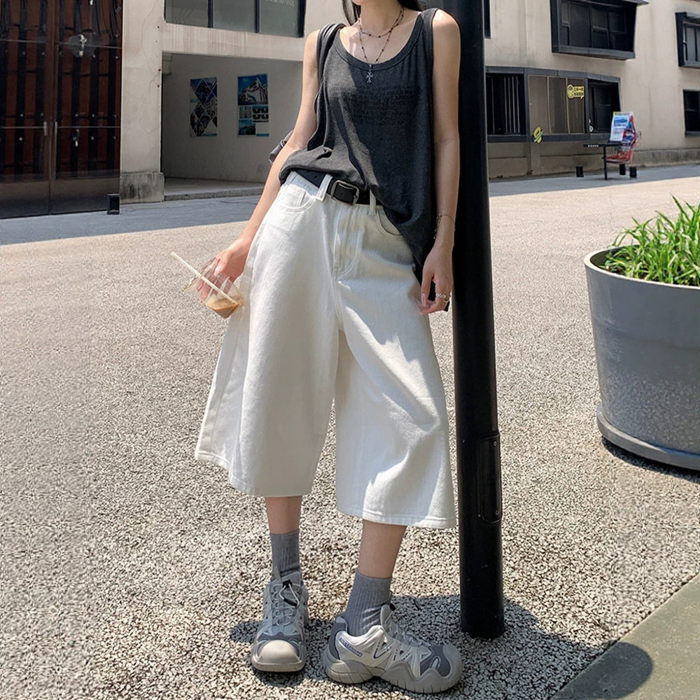 白色直筒七分牛仔短裤女2026新款韩版高腰宽松休闲垂感阔腿七分裤