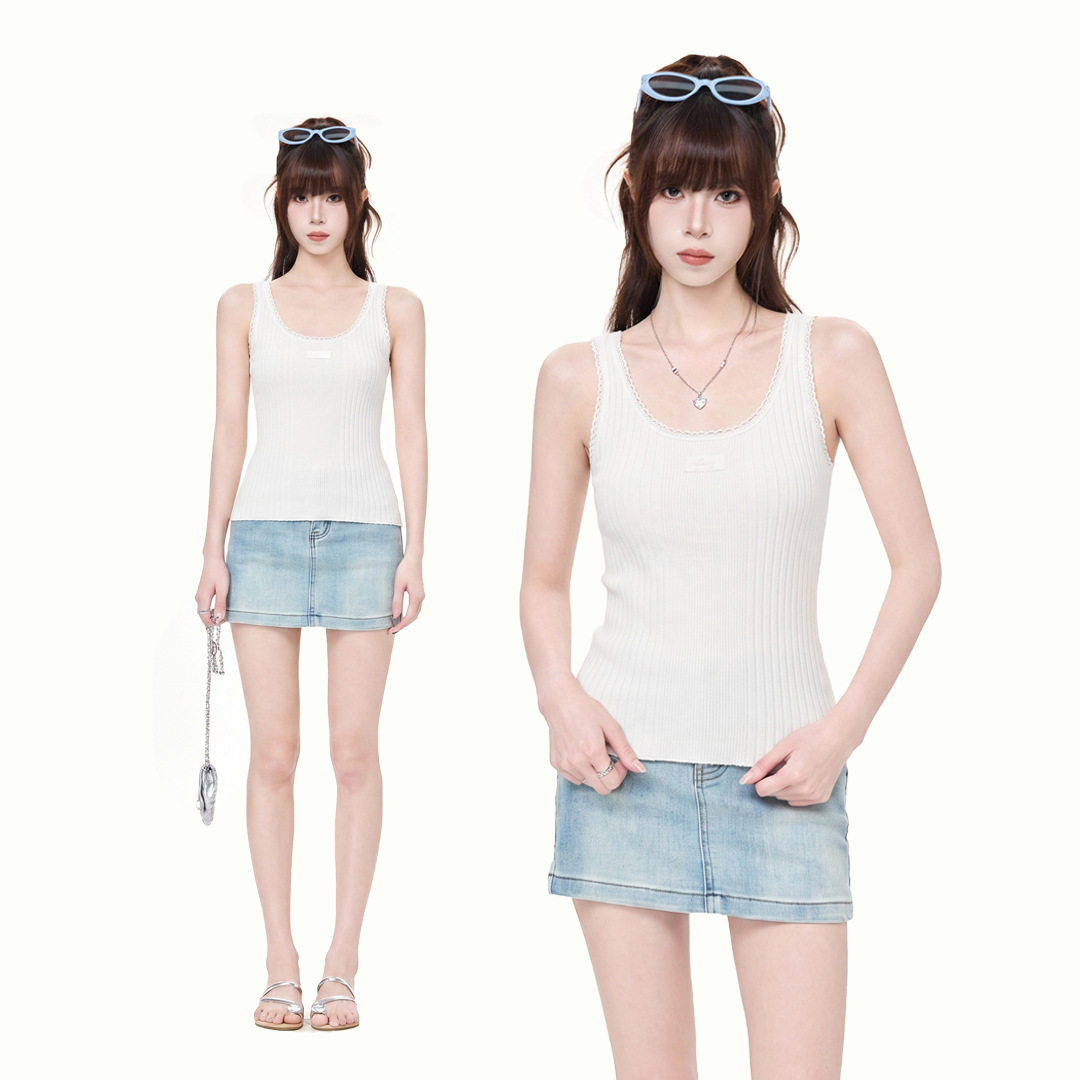 韩系白色方领蕾丝花边无袖吊带背心女2026年夏季新款修身显瘦上衣