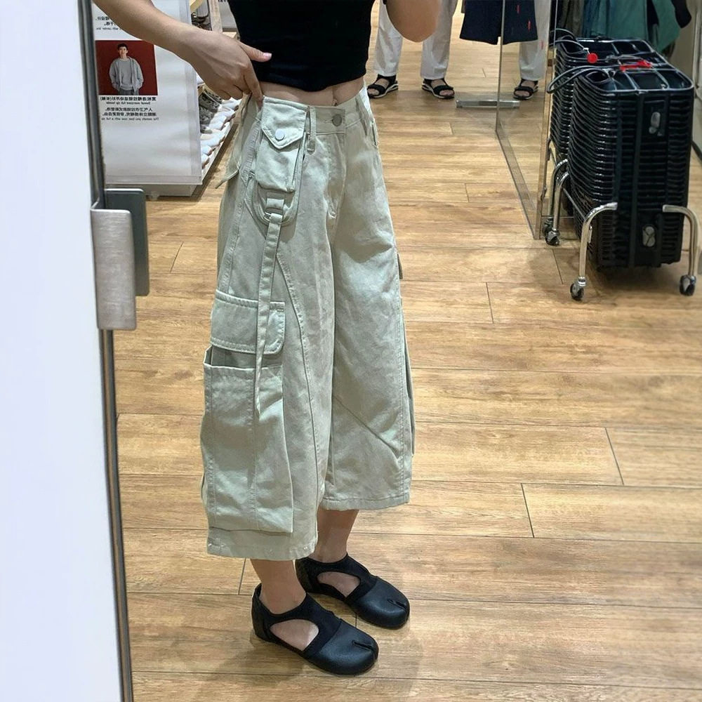 夏季2026新款大码胖mm卡其色七分牛仔裤女宽松阔腿中裤多口袋短裤