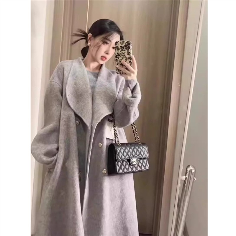 法式小香风西装领呢子外套女秋冬设计感别致双排扣中长款毛呢风衣
