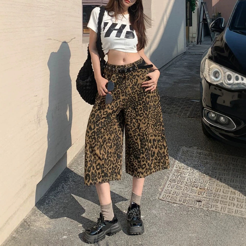 美式豹纹七分牛仔裤女2026春季新款高腰显瘦宽松直筒小个子阔腿裤