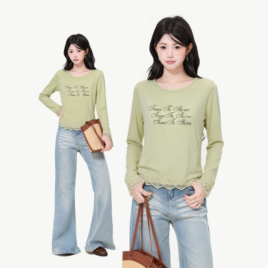 绿色薄款微透防晒罩衫T恤女2026夏蕾丝花边圆领正肩字母印花上衣