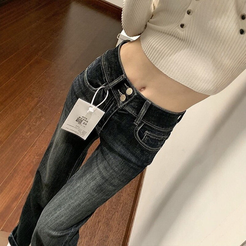 美式复古微喇牛仔裤女秋季2026新款高腰双排扣修身马蹄喇叭长裤子