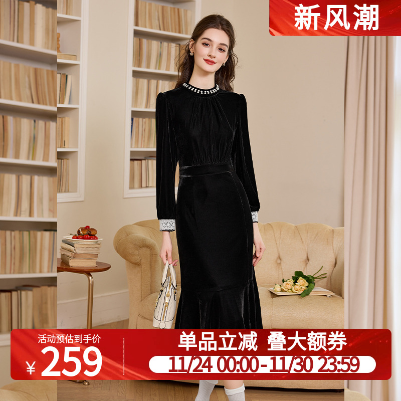白鹿语赫本风丝绒连衣裙25早秋新款高级感名媛修身显瘦黑色小礼裙