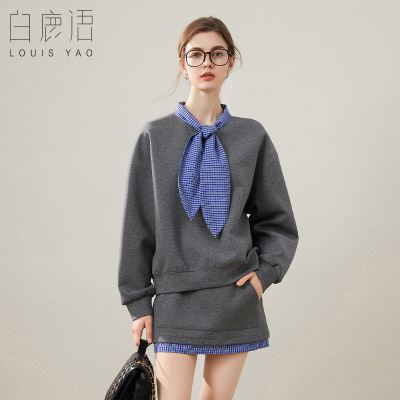 白鹿语个性撞色系带领结卫衣26春款宽松落肩长袖女式卫衣休闲上衣