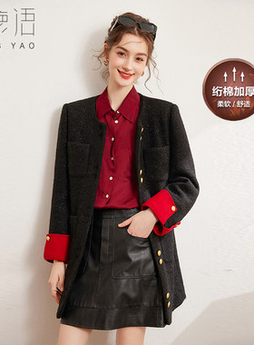 白鹿语时尚夹棉保暖外套25冬季新款圆领撞色卷袖垫肩中长女式棉服