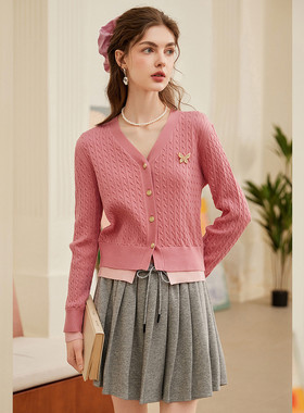 白鹿语多巴胺小香时尚蓝色假两件针织衫上衣26春款V领开衫短外套