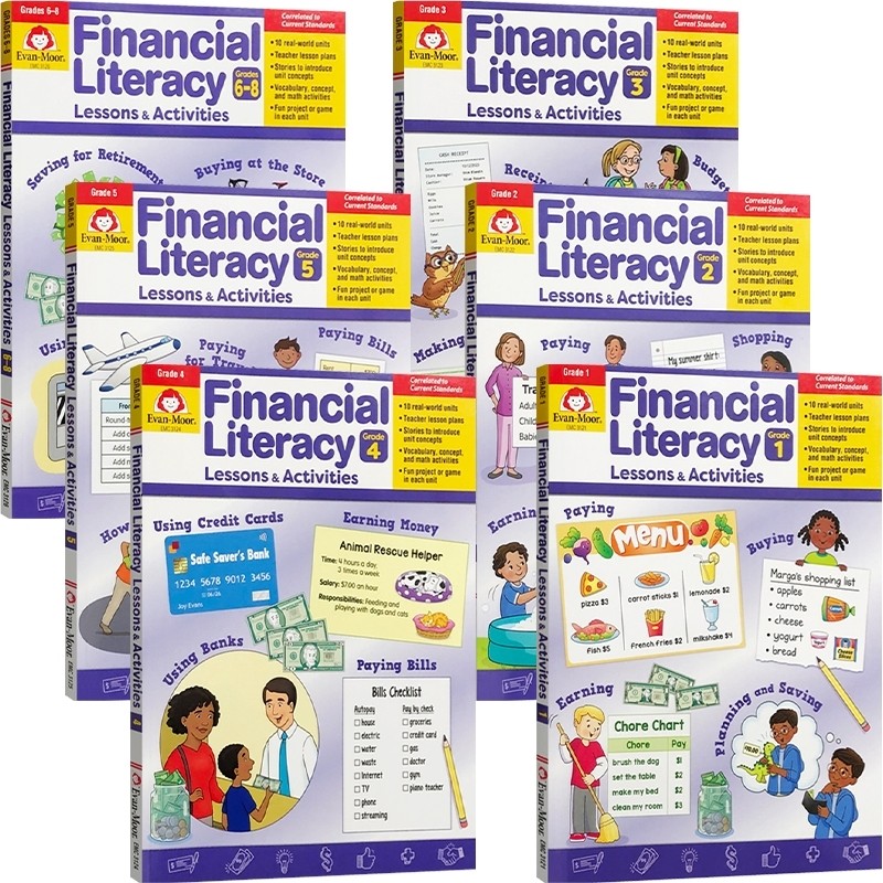 Evan-Moor Financial Literacy Lessons and Activities Grade 1-8 金融知识启蒙课程 6册 美国加州教辅 财商启蒙 英文原版进口