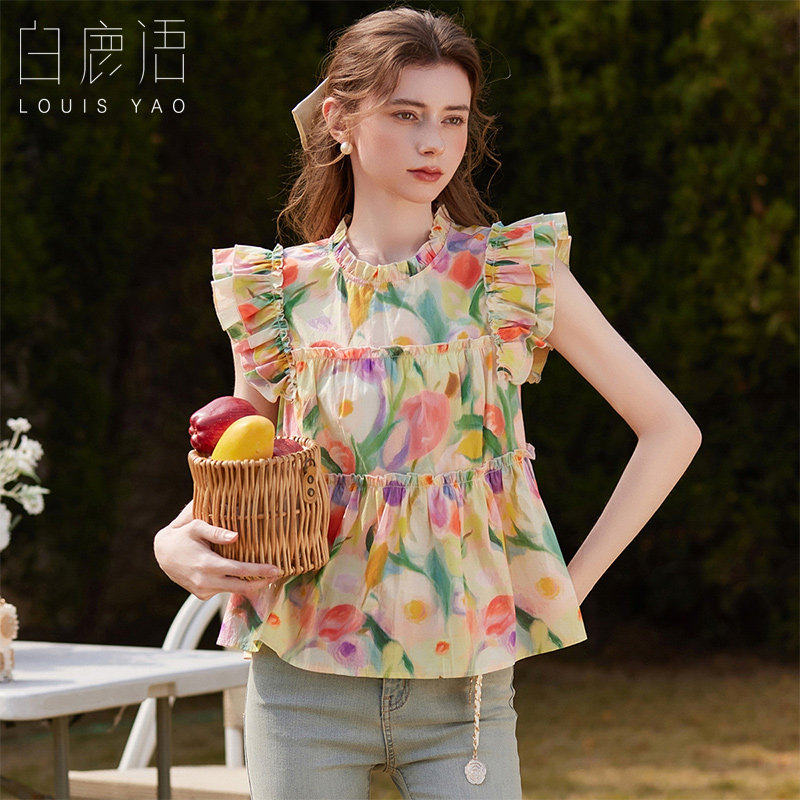 白鹿语法式印花荷叶袖上衣26夏季新款小个子甜美木耳边纯棉衬衫女