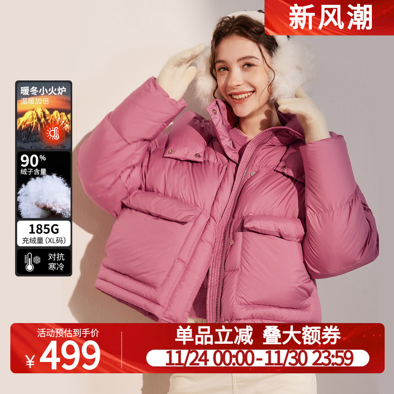 白鹿语立领连帽纯色外套25冬新款时尚温暖气质长袖无弹女式羽绒服