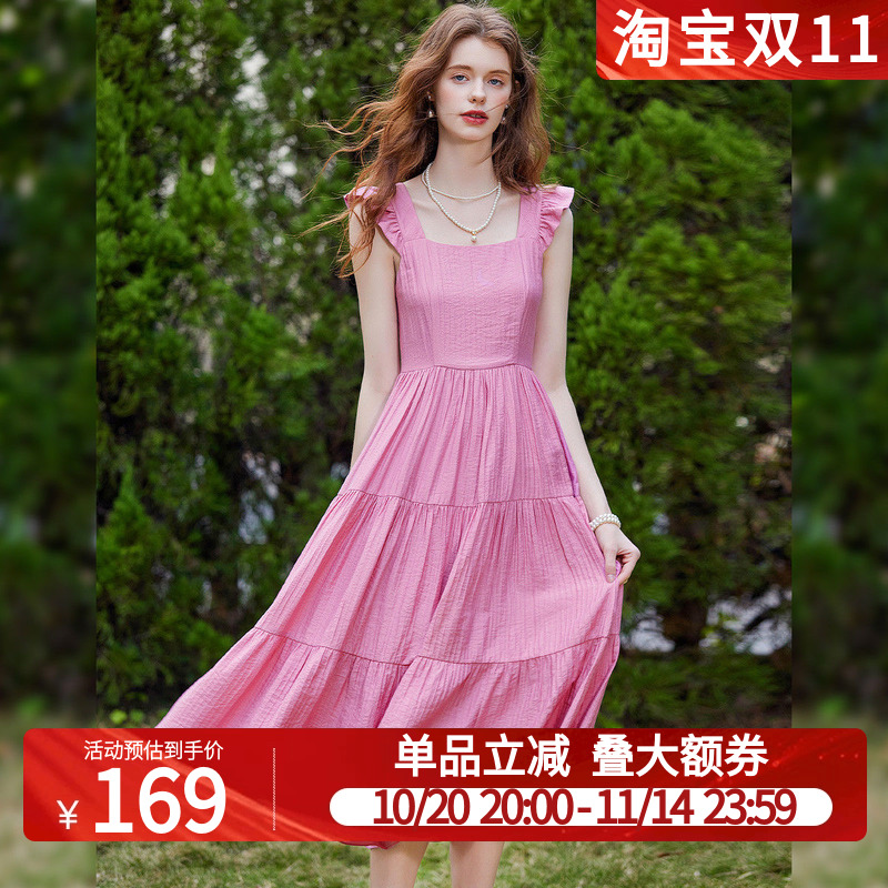 白鹿语复古温柔风甜美方领飞袖长裙25夏新款气质修身显瘦女连衣裙