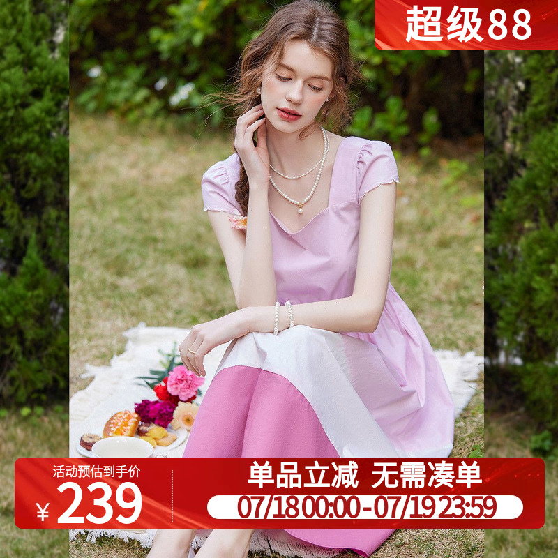白鹿语设计感撞色拼接方领泡泡袖长裙25夏新款长款修身收腰连衣裙