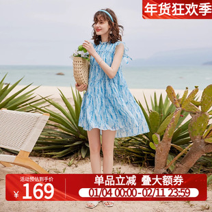 白鹿语木耳边立领小飞袖连衣裙2025夏款减龄气质宽松清爽印花裙女