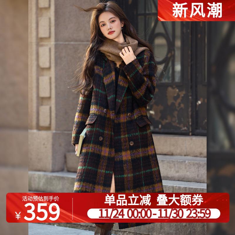 白鹿语复古英伦风格纹大衣25秋冬新款高级感气质长款洋气毛呢外套