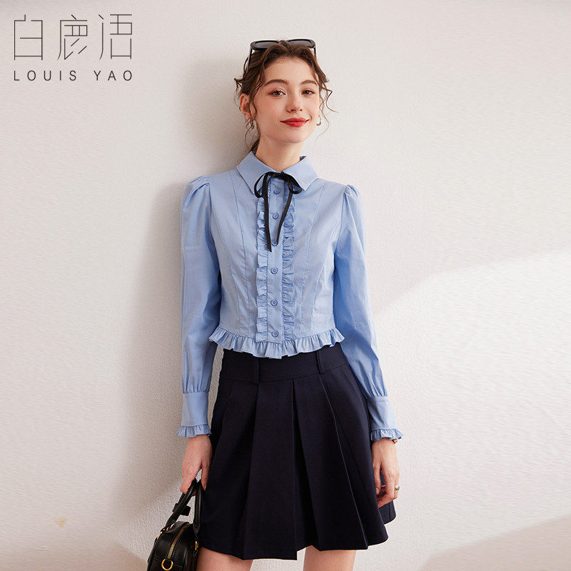 白鹿语宫廷风木耳边衬衣26春款复古无弹翻领泡泡长袖女式衬衫上衣