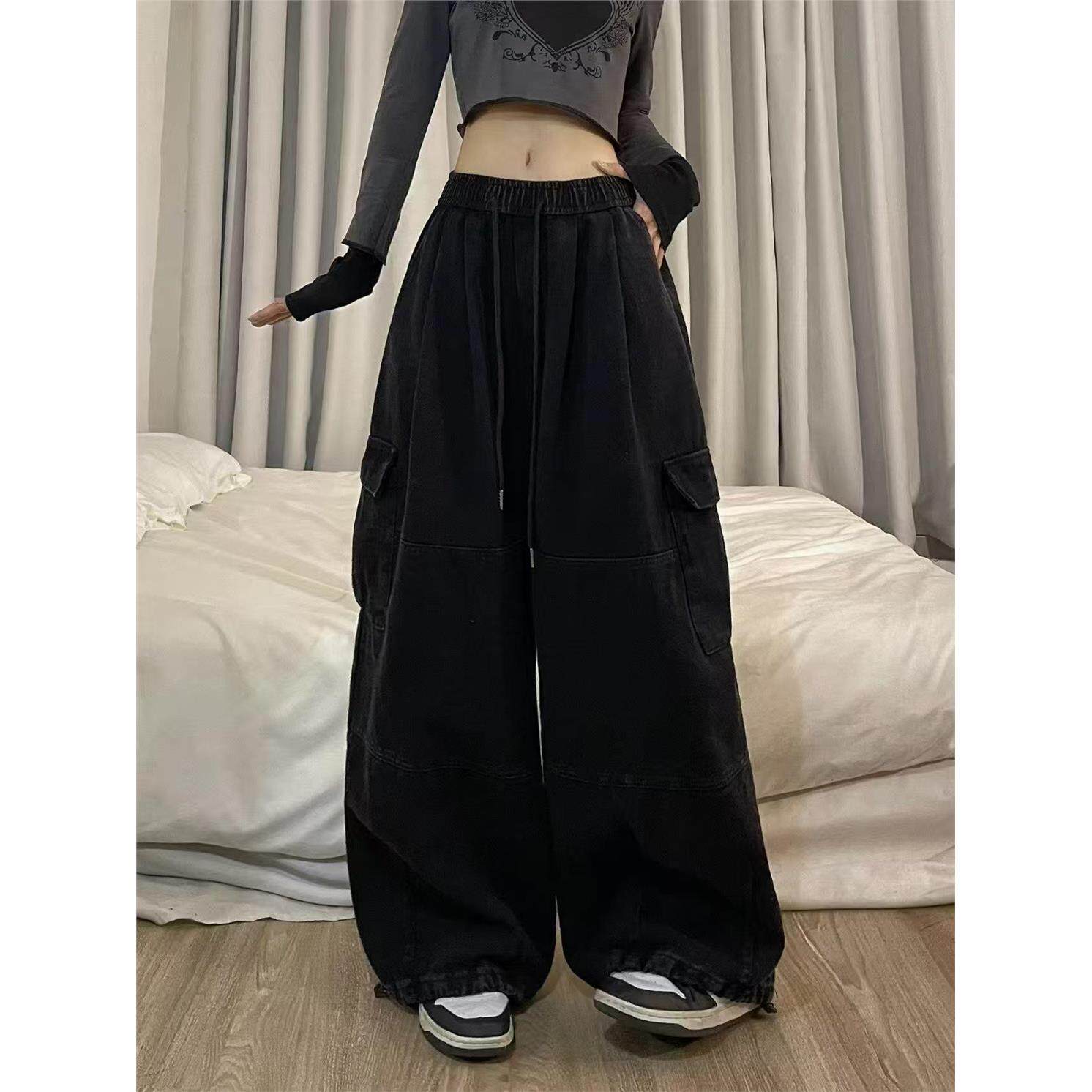 黑色纯棉大码工装裤女新