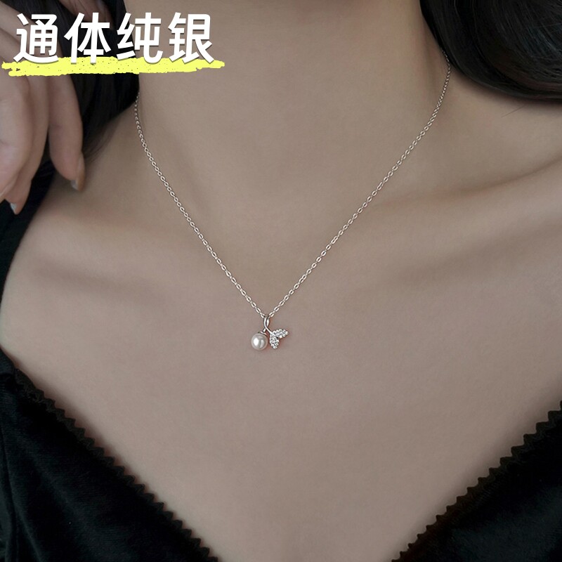 S925纯银新款鱼尾锆石珍珠锁骨链