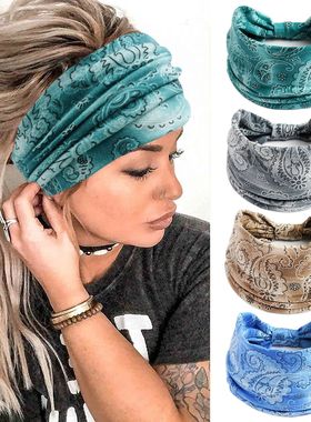 亚马逊热卖佩斯利花纹印花发带灰色腰果头带弹力包腰束发带女