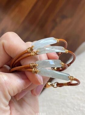 无事牌牛皮绳手镯抽拉调节复古简约仿和田玉新中式2025新款女手饰