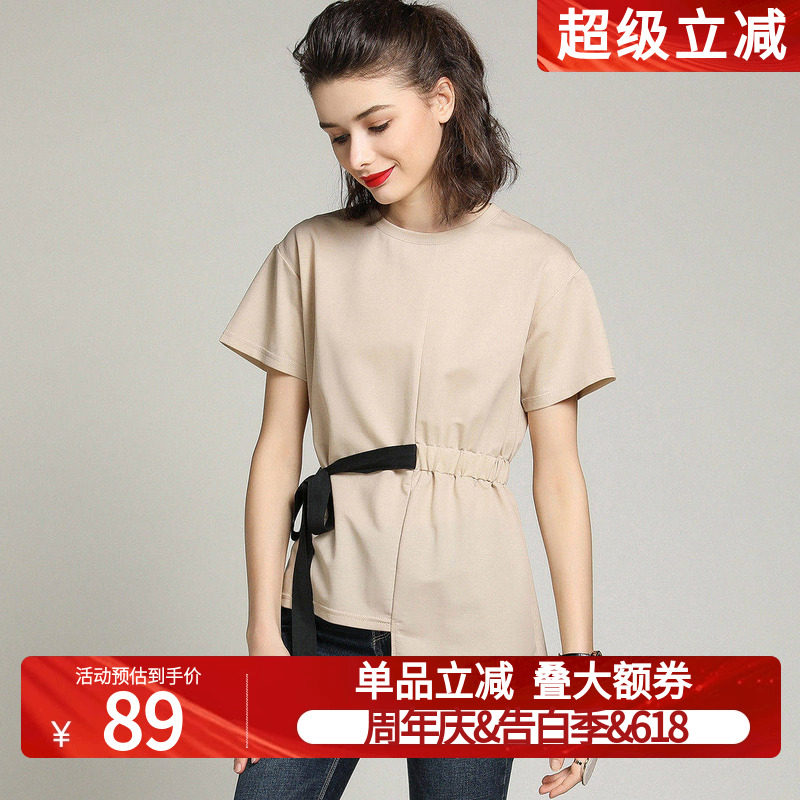 白鹿语撞色系带不规则T恤夏季新款欧美街头圆领减龄短袖上衣女