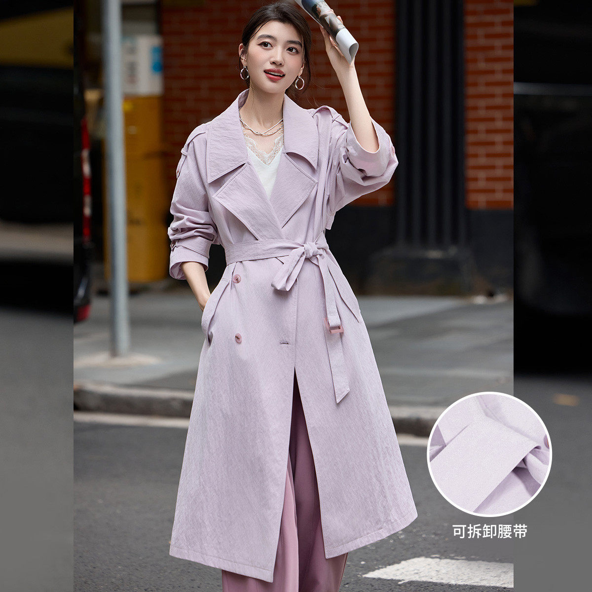 白鹿语设计感紫色长款风衣春秋新款高级感宽松收腰气质双排扣外套