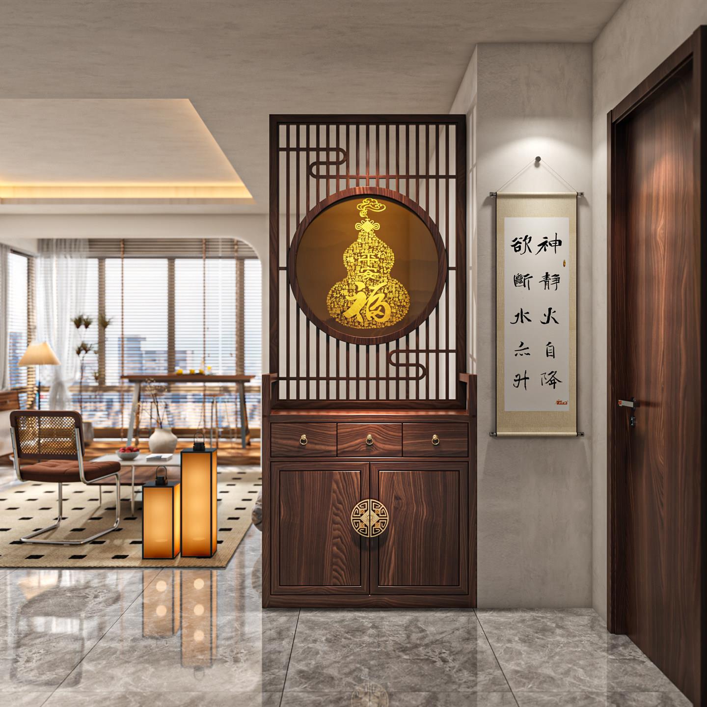 新中式屏风隔断正对门入户客饭厅玄关隔断现代简约定制实木玄关柜