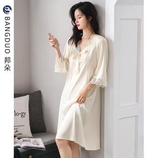 睡裙女春秋冰丝七分袖薄款夏季睡衣裙夏天彷真丝绸孕妇夏款洋装