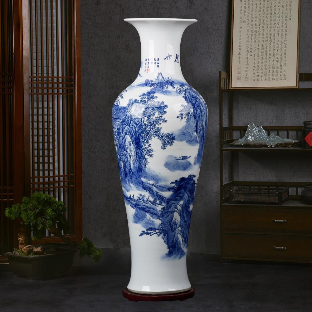 景德镇陶瓷器青花山水落地大花瓶客厅插花装饰特大号开业送礼摆件