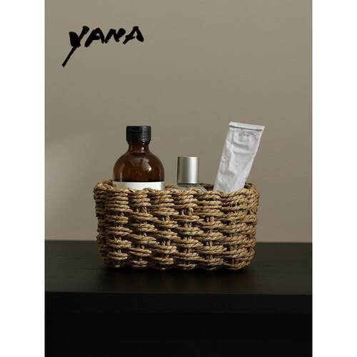 YANA亚纳家用桌面纸绳编织护肤品收纳盒台面杂物整理长方形收纳筐
