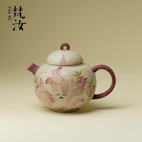 梵汝火石红九尾仙狐茶壶纯手绘陶瓷泡茶壶高颜值家用泡茶器手执壶