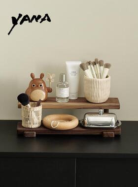 YANA亚纳 高档桌面胡桃木小型双层收纳架家用实木杂物整理置物架