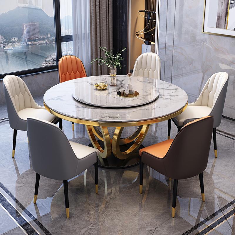 北欧轻奢大理石轻奢餐桌椅组合现代简约圆桌家用餐厅饭桌带转盘圆