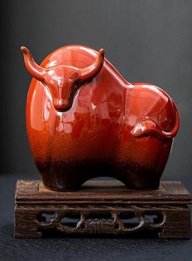 陶瓷生肖牛摆件中式招财转运红色牛动物家居客厅书房办公桌面摆放