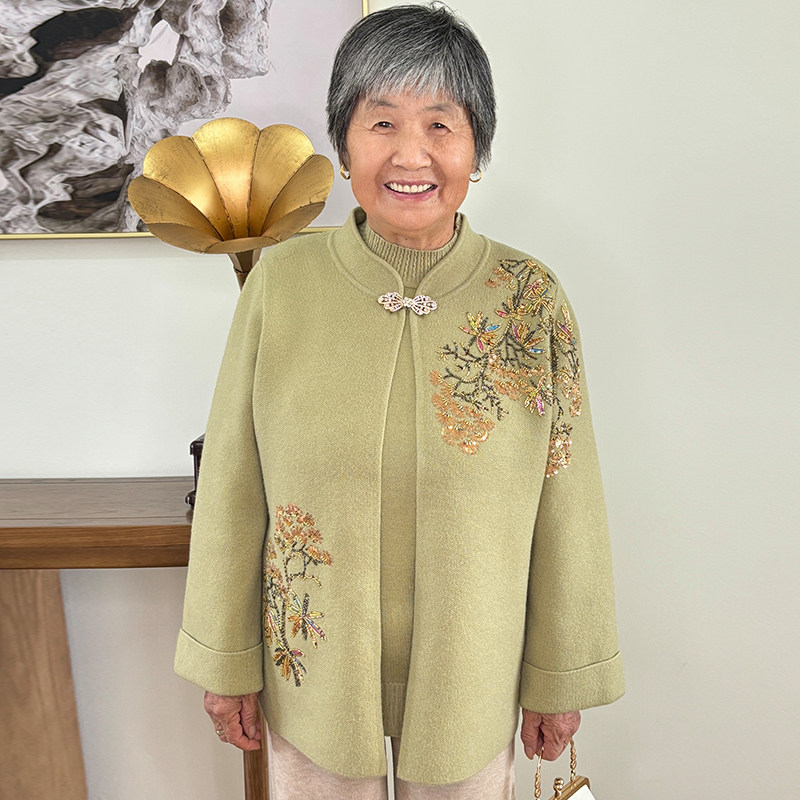 妈妈装冬装针织加绒加厚两件套中式奶奶装秋冬洋气中国风毛衣外套