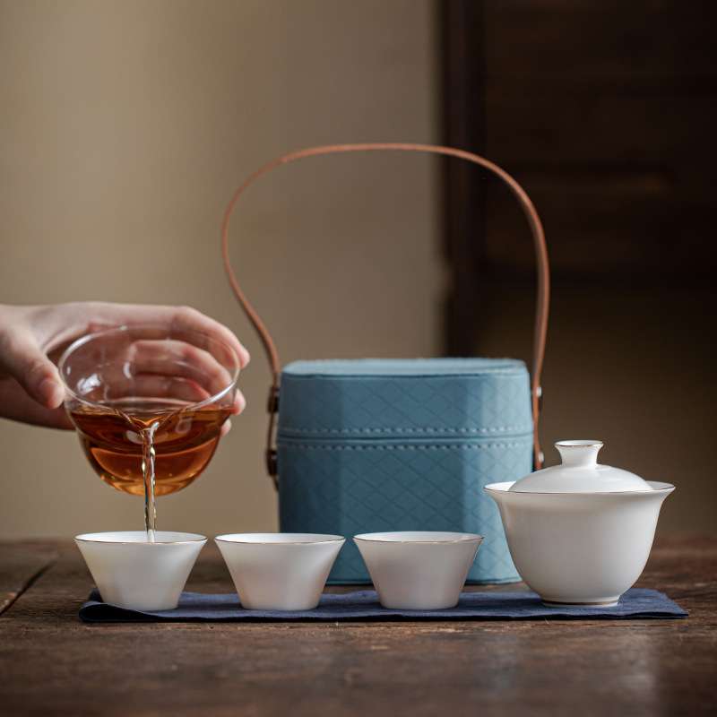 陶客源羊脂玉白瓷盖碗三杯公道杯旅行茶具套装 便携式快客杯