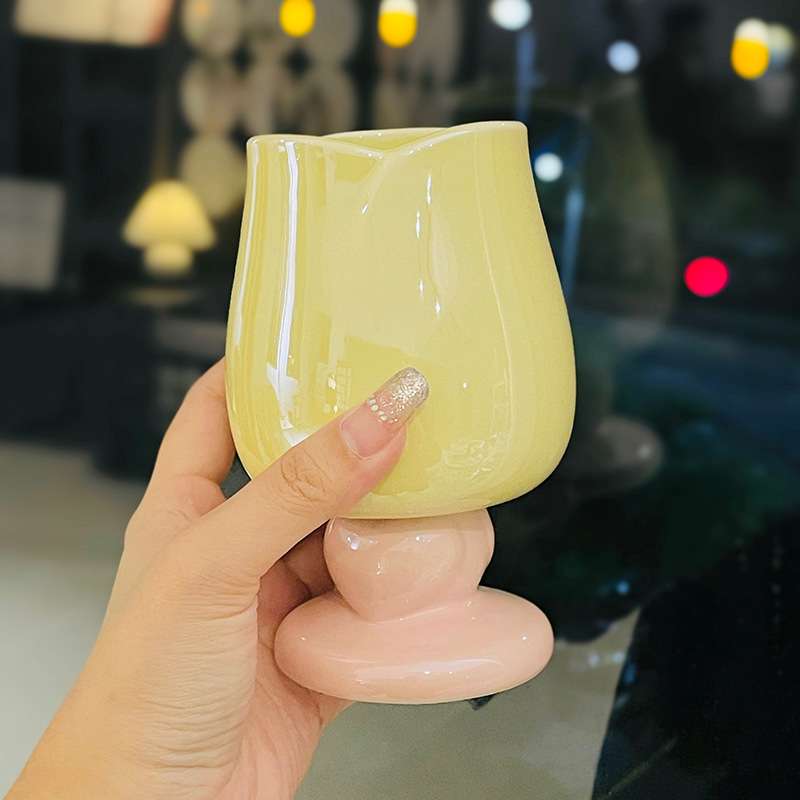 女生高颜值花朵陶瓷高脚杯少女心郁金香水杯家用酒杯咖啡杯伴手礼