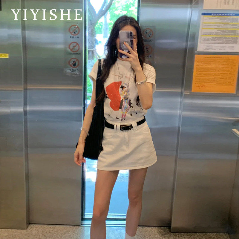 白色高腰牛仔半身裙女2025夏季薄款高腰显瘦包臀防走光a字短裙子