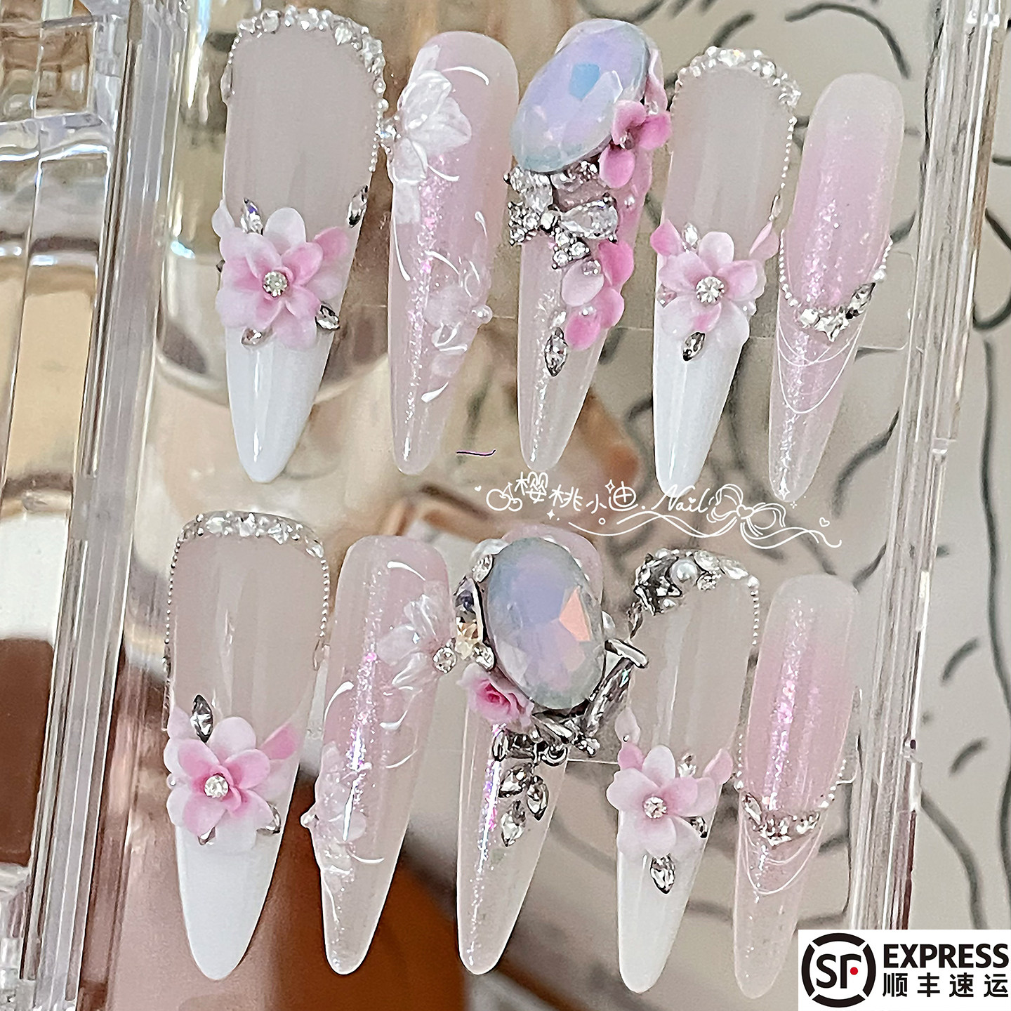 玉粉凝花手工雕花宫廷风穿戴甲