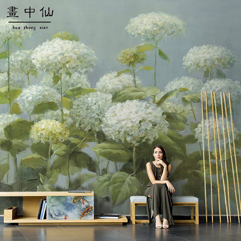 热销优选绿色绣球花美式壁纸客厅电视背景墙H布卧室沙发别墅床头