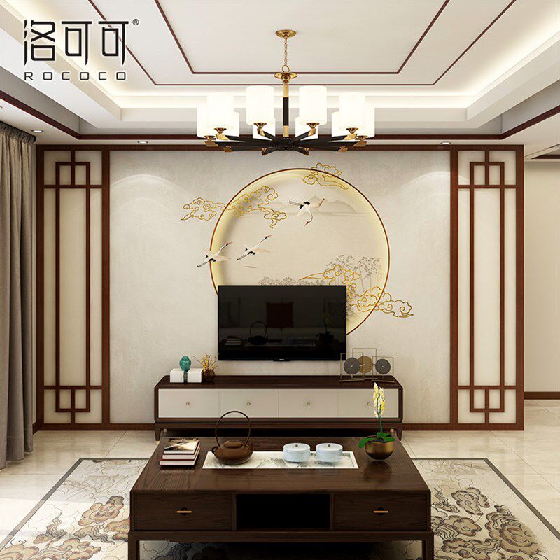 热销新中式电视机背景墙壁纸客厅沙发墙布卧室影视墙壁画墙布2021